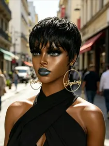 6 Inch Cheap Short Straight Black Layered Bob Pixie Cut Wig With Bangs Brazilian Virgin Human Hair For Black Women Non Lace Front Natural Look Daily Wear #AprilWigDeals #CheapHumanHairWig #SpringBobWig #TikTokWigUnder50 #BrazilianVirginHair #PixieBobWithB