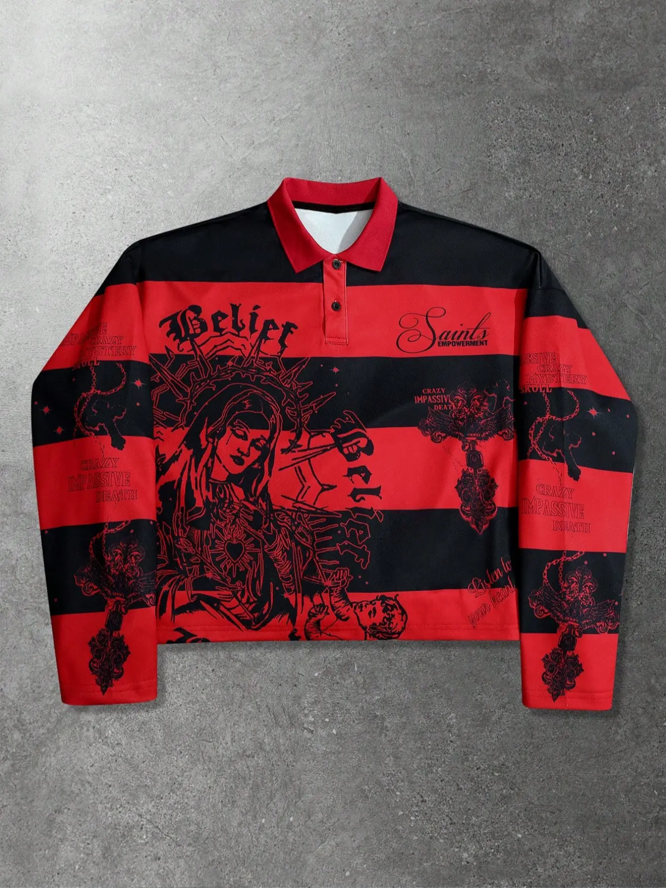 Men's Gothic Striped Fitted Collared Polo Shirt, & Stripes, Belief Saints Ethnic Cultural Graphic Prints, Long Sleeve, Streetwear Casual Style, Menswear, Fall Winter