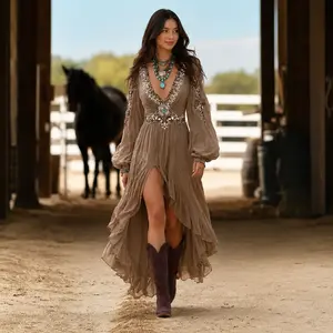 Women’s Patchwork V Neck Boho Long Dress, Puff Sleeve Asymmetric Hem Western Style Dress