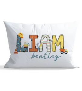 Construction Pillow Case Personalized, Kid pillowcases, Name Pillow case, Standard Size Pillow Cover, Pillows Cases, Slumber Party Pillow