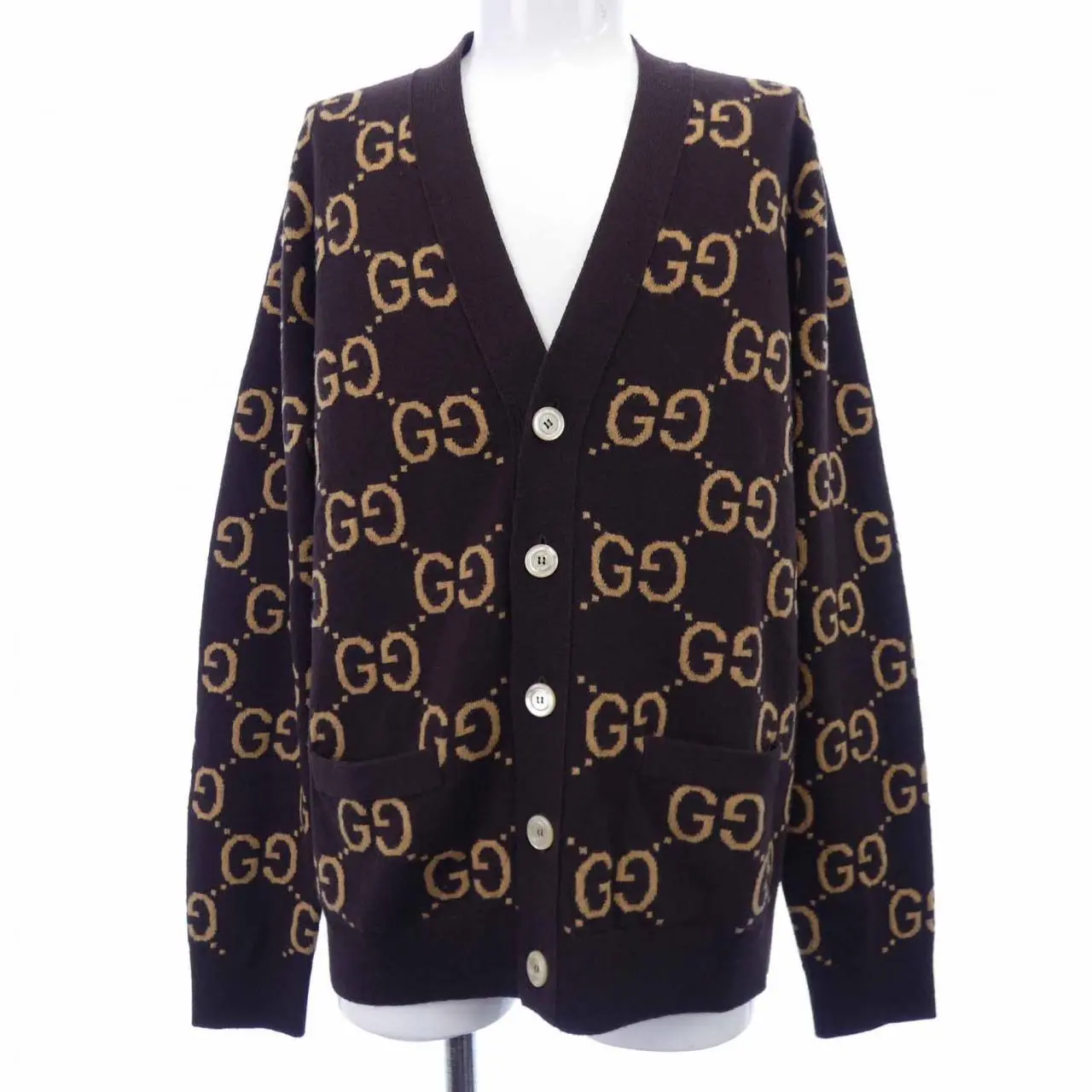 Pre-owned GUCCI Wool Small Leather Goods GG Jacquard Cardigan