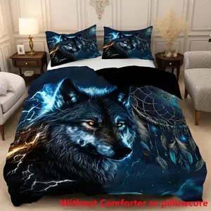 3pcs Wolf and Dreamcatcher Print Quilt Set, Soft Polyester Fabric, Zipper Design, Modern Style Bedding Essentials, Bedding Sets