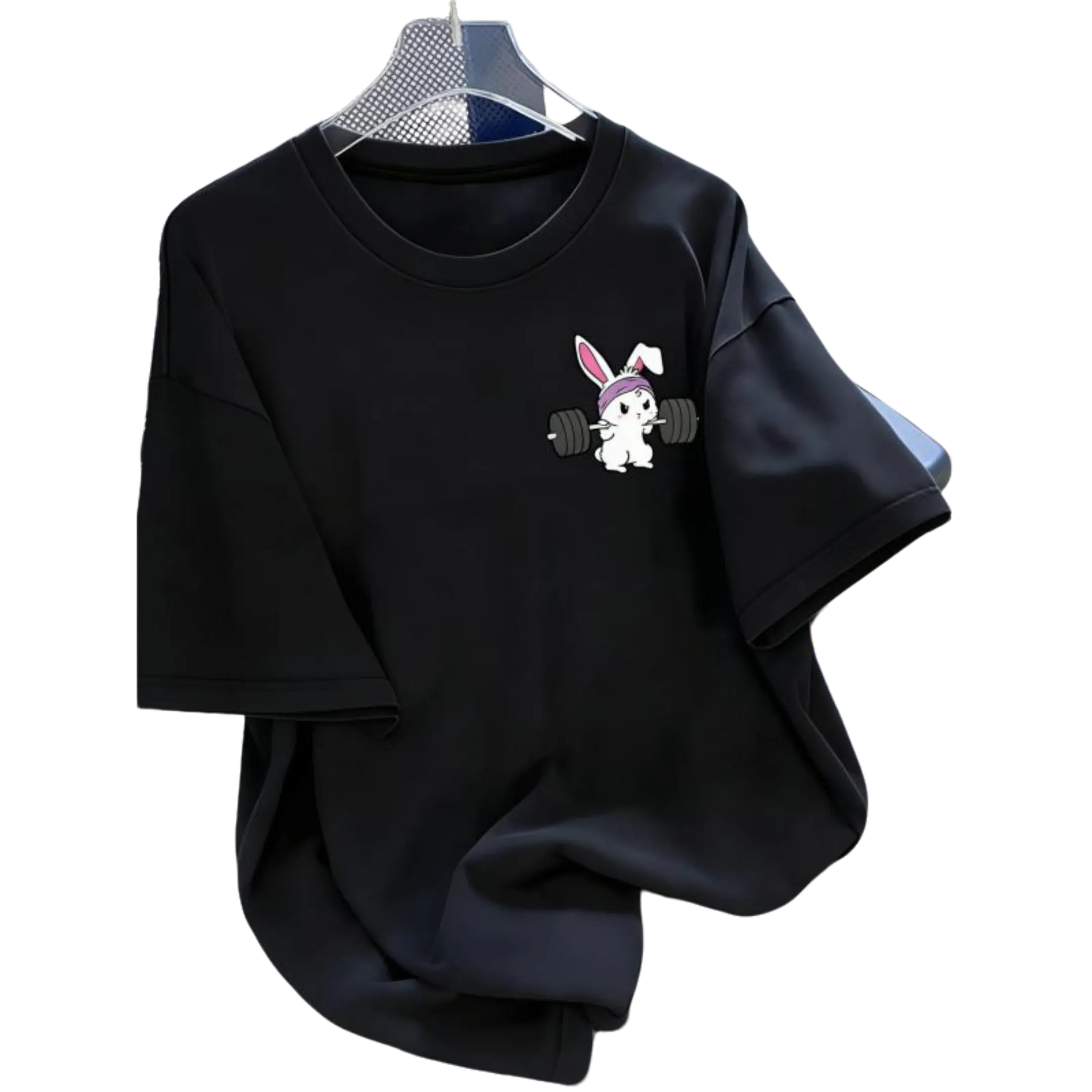 Women's Casual Loose  Round Neck T-Shirt, Cute Rabbit Weightlifting Print, 100% Cotton Fabric, Soft Breathable, All Seasons Wear Bottom Flat