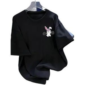 Women's Casual Loose  Round Neck T-Shirt, Cute Rabbit Weightlifting Print, 100% Cotton Fabric, Soft Breathable, All Seasons Wear