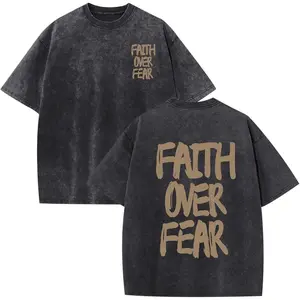 Christian Shirts for Men Faith Over Fear Shirt Jesus Religious Tshirt Oversized Graphic Tees Acid Wash God T-Shirt