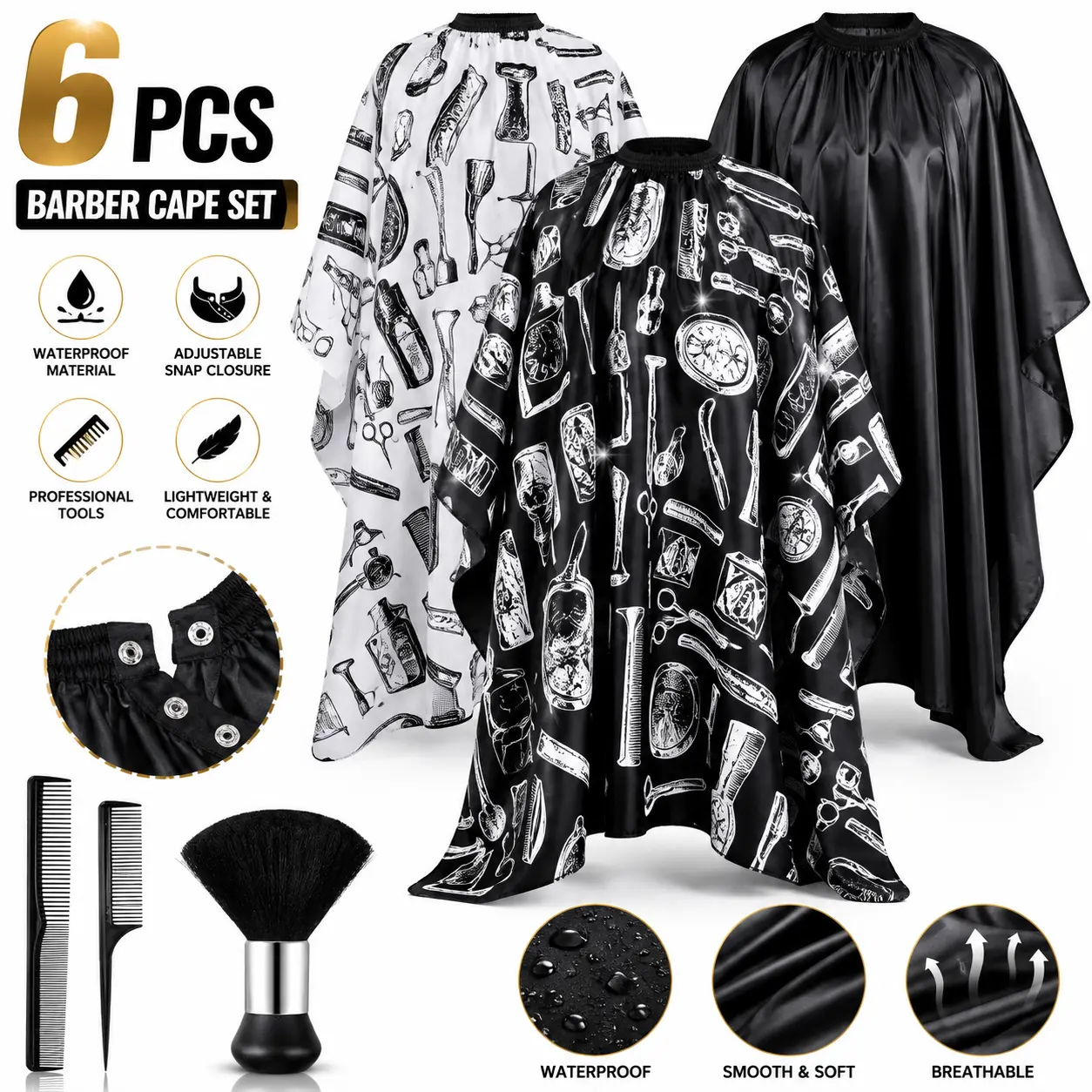 Professional 6-Piece Lightweight Durable Salon Barber Multi-Pack Tool Kit - Polyester Waterproof Hair Cutting Cape, Neck Duster, Hair Brushes & Combs, Adjustable Snap Closure for Salon/Home Stylists, Children