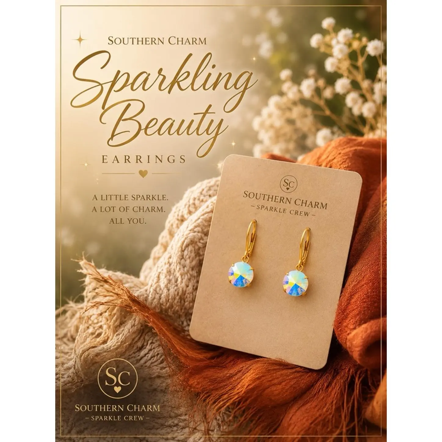 Southern Charm Sparkling Beauty Earrings Gold Leverback with AB Iridescent Austrian Crystals for Elegant Style