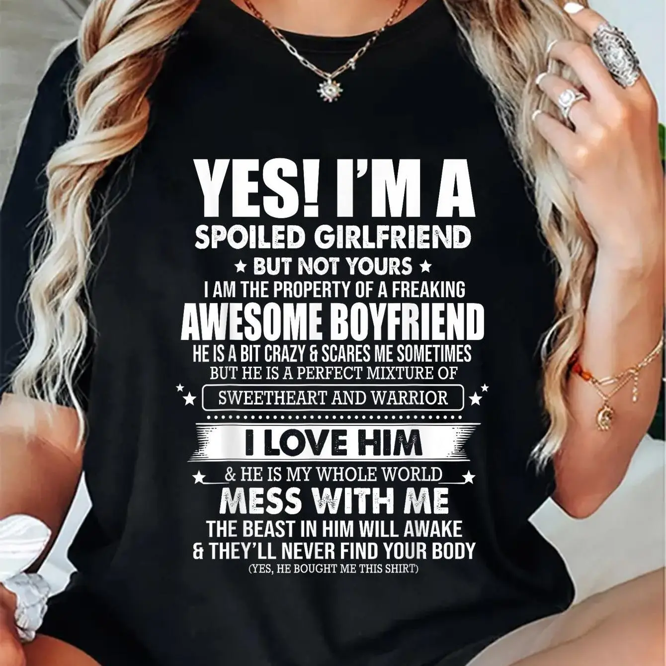 Women's "Spoiled Girlfriend" Graphic T-Shirt, Casual 100% Cotton Short Sleeve Tee, Regular Fit Top for Everyday Streetwear, Shortsleeve, Tshirt, Round Neck, Custom Graphic Women's T-Shirts, Funny Printed Message Women's T-Shirts