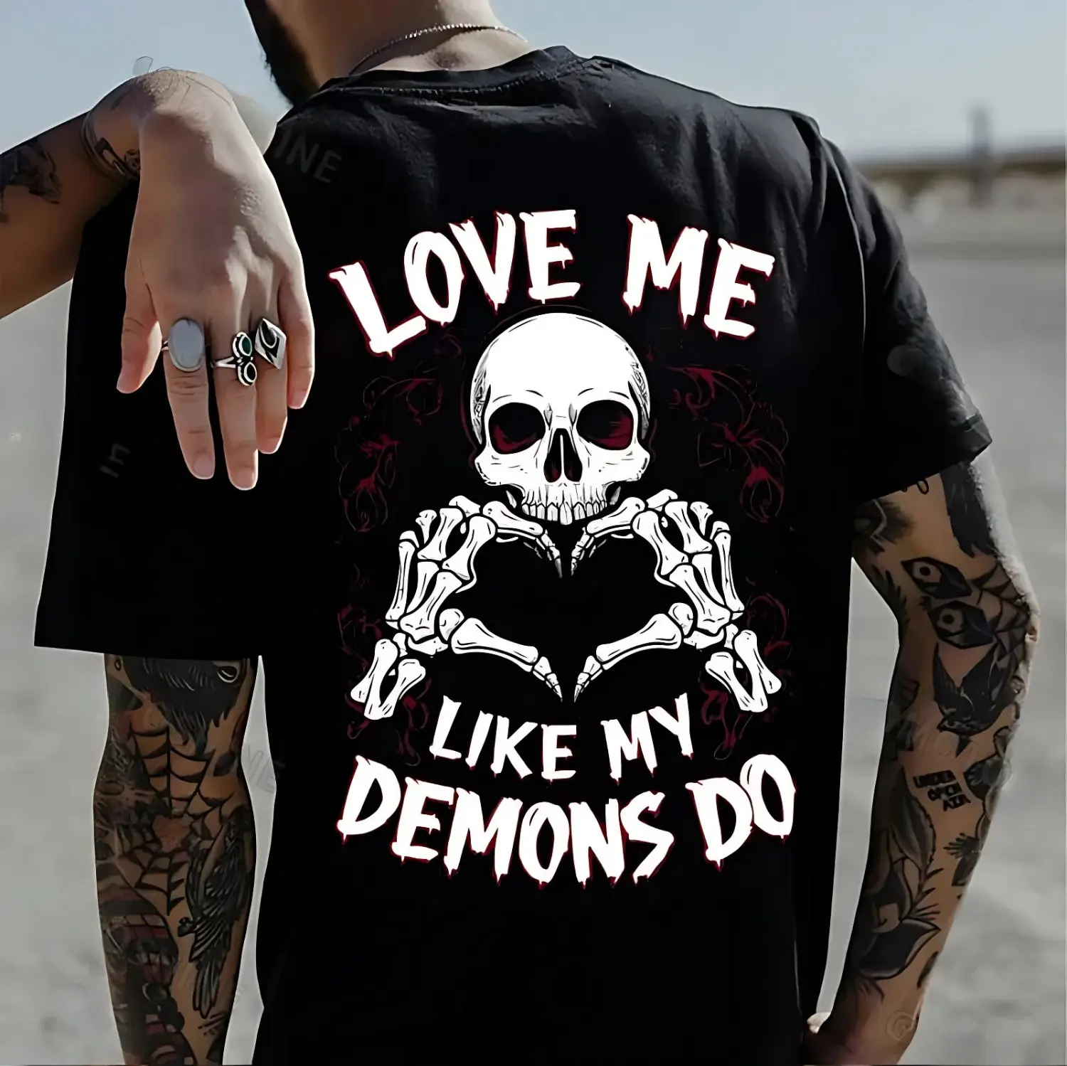 Gildan Men's Fitted 100% Cotton Round Neck Short-Sleeve Graphic T-Shirt - "LOVE ME LIKE MY DEMONS DO" Finger Heart Skeleton Print, Contrast Lace Bow, Retro Vintage Biker Casual Streetwear Comfy Top, Graphic Print