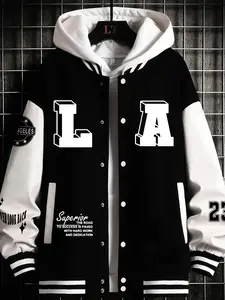 Men's Casual Letter Print Baseball Jacket, Fitted Design, Geometric Pattern, All Seasons Wear, Versatile Net Version