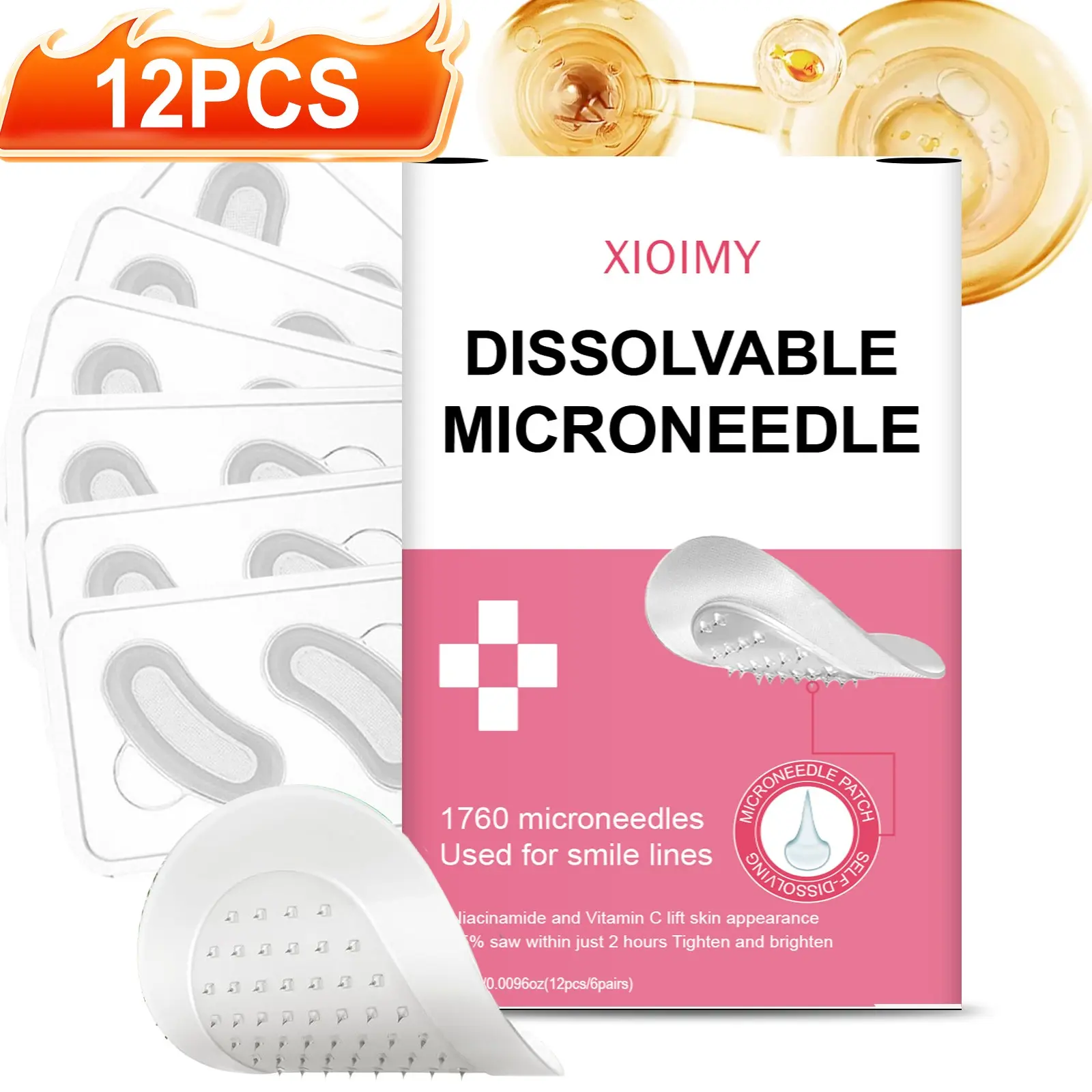 12pcs Hyaluronic Acid & Niacinamide Dissolvable Micro Needle Face Patches, At Home Facial, Deep Moisture, Moisturizing, Hydrating, Suitable for Face Forehead Smile Lines Eyes, Forehead Facial Patches
