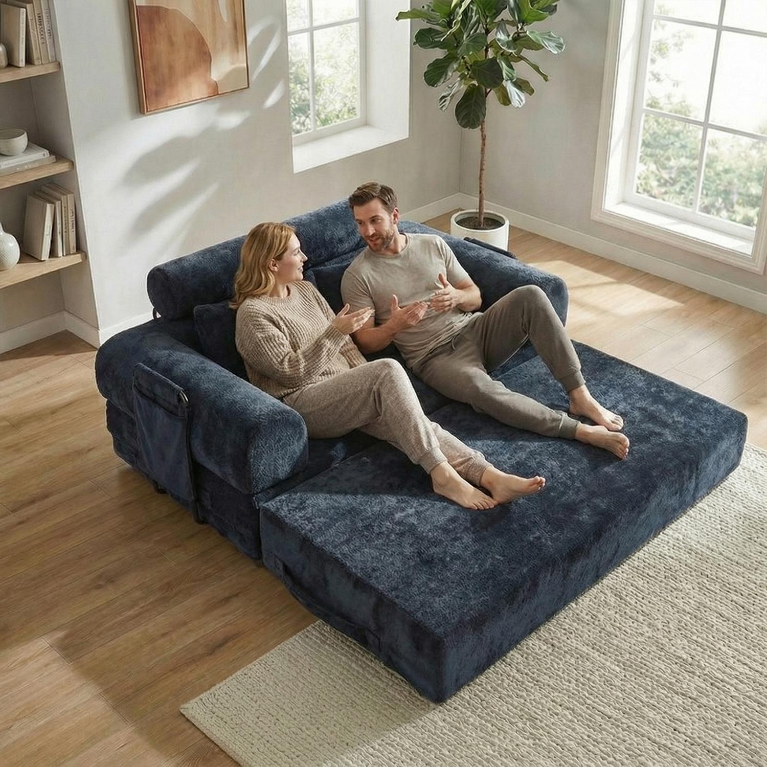 Large size double boneless convertible folding sofa bed with fixed shape frame and storage bag. Headrest design with pillow for dual comfort