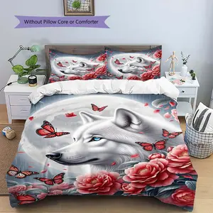 Wolf Head Butterfly & Rose Pattern Duvet Cover & Pillowcase Bedding Set, Washable for Travel/Home/Hotel/Bedroom/Guest Room, Classic Gift (1 Duvet Cover + 2 Pillowcases, No Insert)