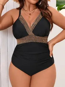 【Plus Size】V Neck One-Pieces, Sleeveless Tummy Control Swimwear for Beach Vacation, Women's Swimsuit for Summer