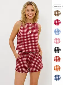 IDEALSANXUN Women's 2-Piece Ribbed Clothes Set for Women - Button Accent Gingham Tank Top & Plaid Shorts, Cropped Design, Soft Fabric, Summer Beach Vacation Wear, Tops For Women