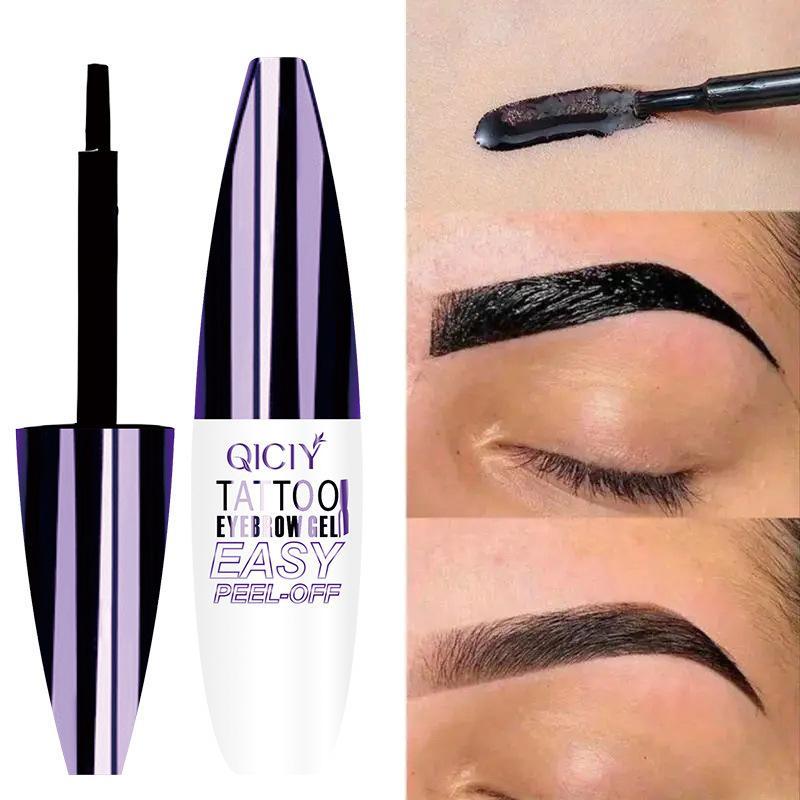 Easy-to-peel eyebrow gel that is waterproof and sweatproof, featuring long-lasting black or brown tattoo shades, film-forming application, and medium coverage suitable for all skin types. eye