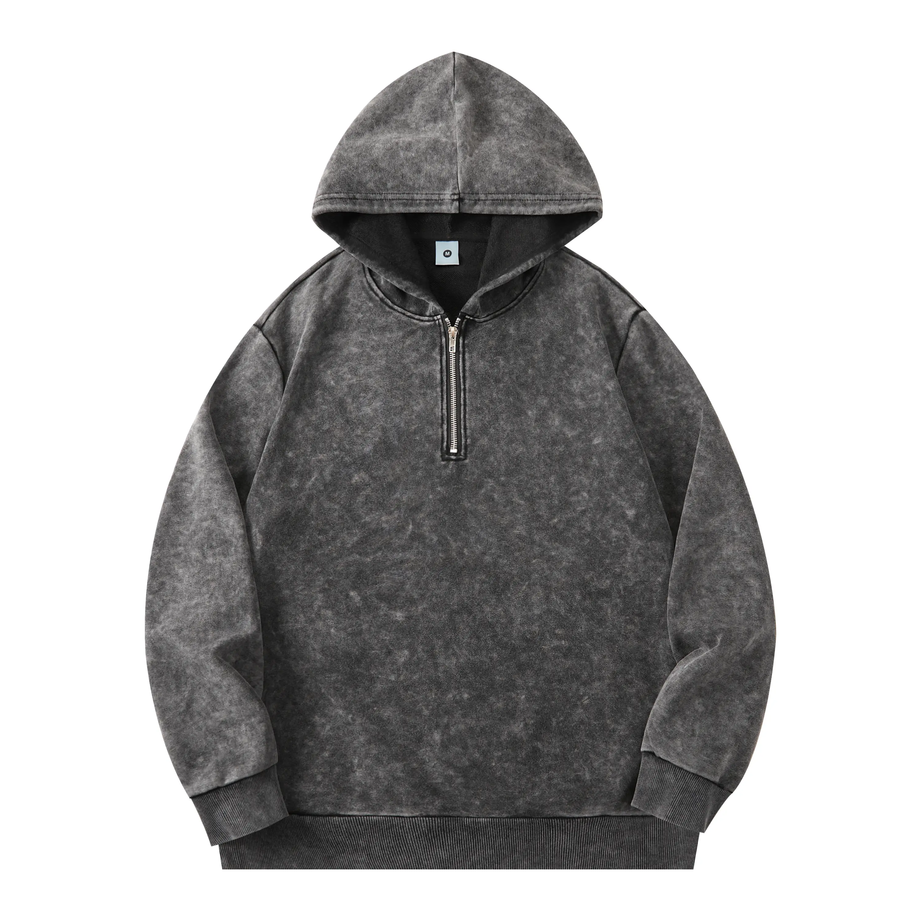 Men’s Y2K vintage acid-wash half-zip hoodie sweatshirt, washed-in distressed solid-color long-sleeve pullover with ribbed cuffs and hem, autumn/winter streetwear casual top