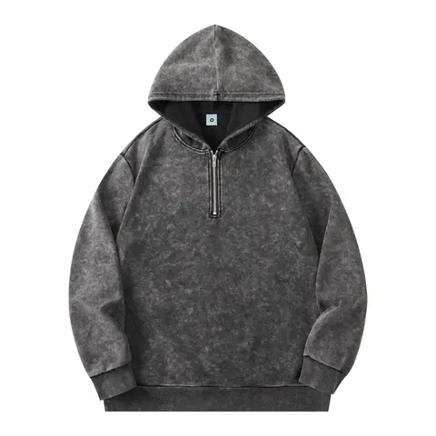 Men’s Y2K vintage acid-wash half-zip hoodie sweatshirt, washed-in distressed solid-color long-sleeve pullover with ribbed cuffs and hem, autumn/winter streetwear casual top Zip Up Jacket Zippered Jacket