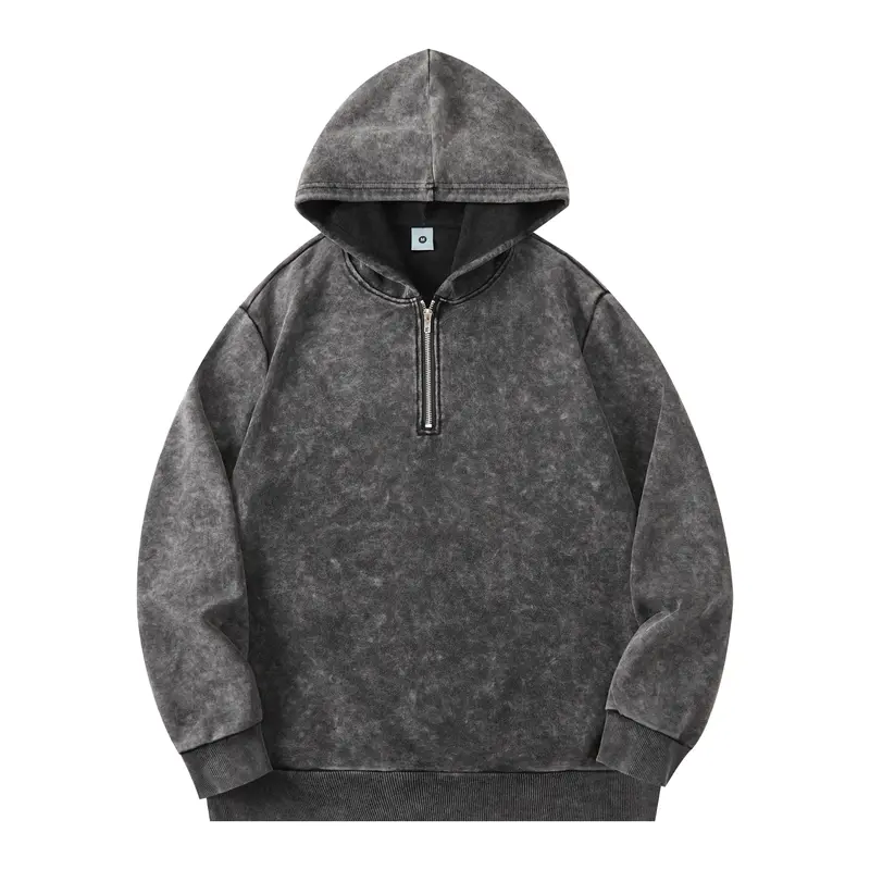 Men’s Y2K vintage acid-wash half-zip hoodie sweatshirt, washed-in distressed solid-color long-sleeve pullover with ribbed cuffs and hem, autumn/winter streetwear casual top Zip Up Jacket Zippered Jacket