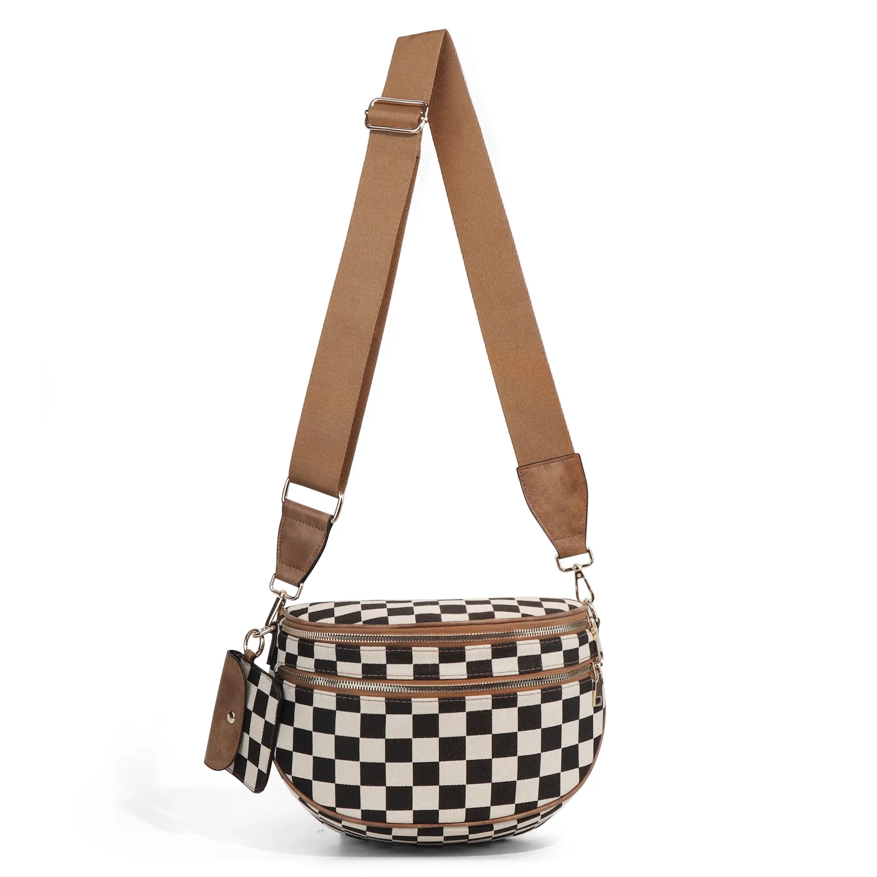 Checkerboard Saddle Crossbody Bag for Women, Casual Zipper Shoulder Bag with Adjustable Detachable Strap & Coin Purse Checkered Pattern Bag