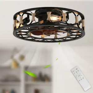 19.7" Farmhouse Hemp Rope Low Profile Caged Ceiling Fan with Remote and 4 Lights, All Seasons Ceiling Fan