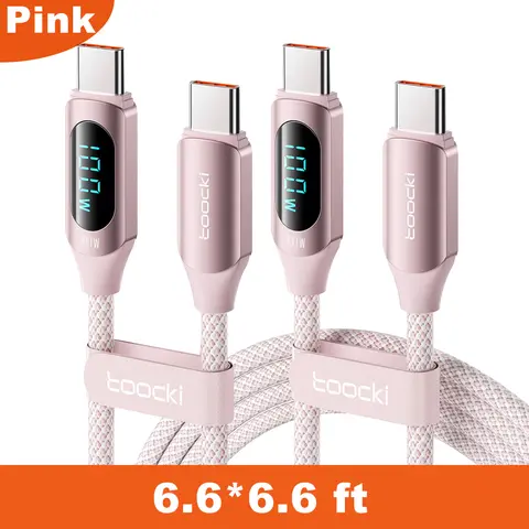Toocki 100W Fast Charging USB-C Nylon Braided Cable (2-Pack, 6.6FT) with LED Display, 480Mbps Charger for iPhone 15 Pro Max/iPad/PC, Mobile Cellphone, Electronic Devices (Pink)