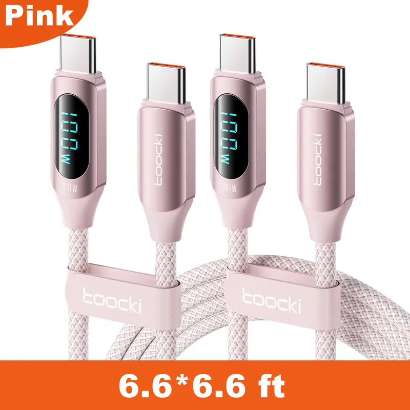 Toocki 100W Fast Charging USB-C Nylon Braided Cable (2-Pack, 6.6FT) with LED Display, 480Mbps Charger for iPhone 15 Pro Max/iPad/PC, Mobile Cellphone, Electronic Devices (Pink)