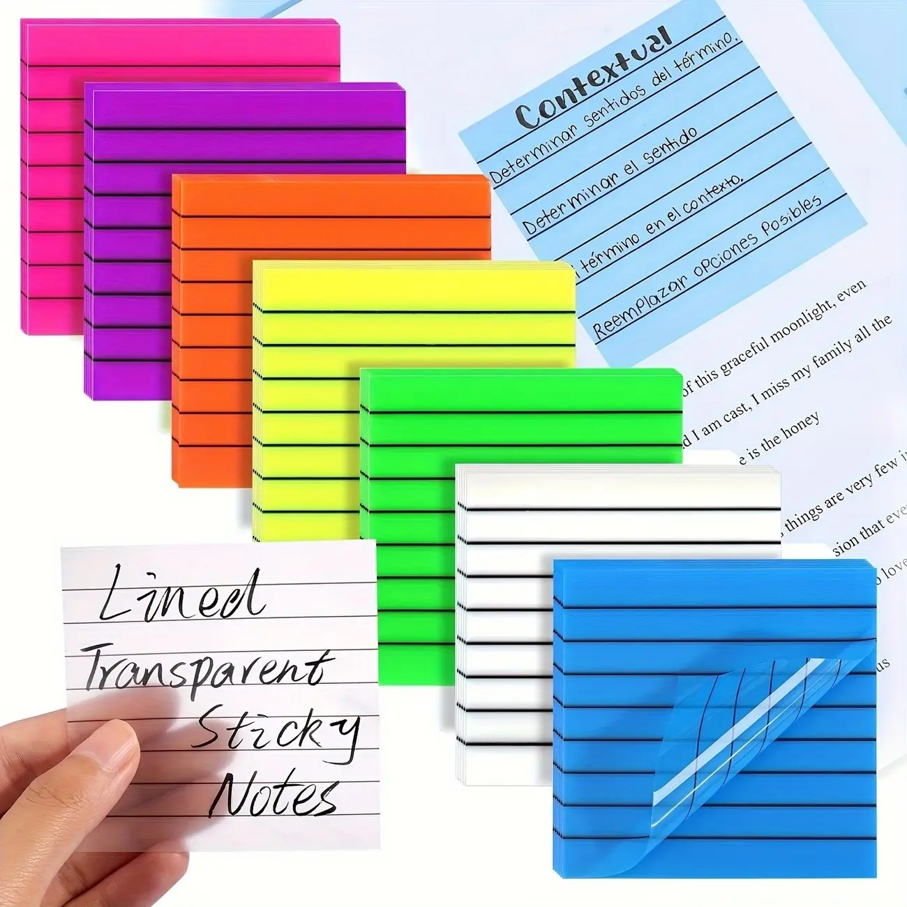 7-Pack Transparent Self-Adhesive Lined Pages Sticky Notes Reminders, 350 Sheets, Clear Paper for Office, Home, School Use, Essential Stationery Supplies, Organizing