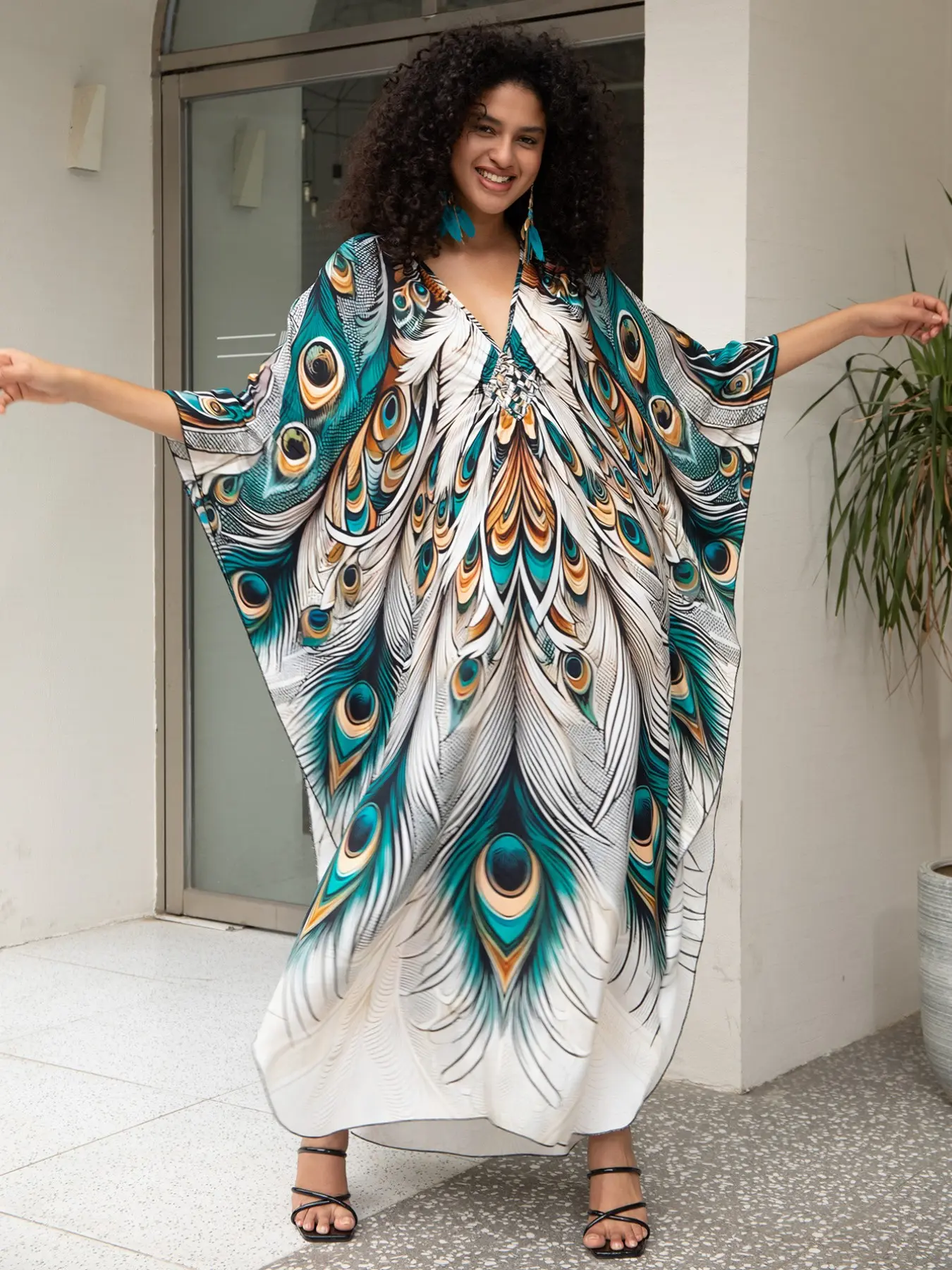 Women's Boho Kaftan Beach Cover-Up, Bohemian Cover Up, Beach Outdoor Wear, Handwoven Peacock Print, Loose-Fit Sun Protection Bikini Outerwear, All-Seasons Fashion