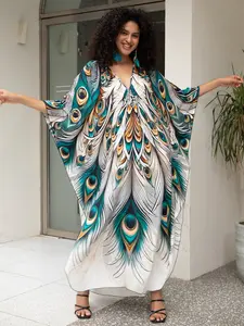 Women's Boho Kaftan Beach Cover-Up, Bohemian Cover Up, Beach Outdoor Wear, Handwoven Peacock Print, Loose-Fit Sun Protection Bikini Outerwear, All-Seasons Fashion