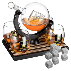 Army Globe Whiskey Decanter Set & 4 Liquor Glasses - Whisky Decanter & Glass Set with Wood Base and 9 Whiskey Stone - Father's Day US Army Licensed Gifts for Men - Bourbon Scotch Military Veteran Gift