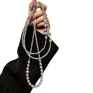 Korean Luxury Pearl Beaded Diagonal Clasp Pendant, Long Neck Strap, Anti-Loss Lanyard, Phone Strap, 1 Piece, Fashion Accessory