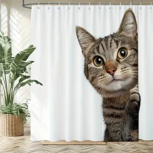 1pc Curious Tabby Cat Peeking Pattern Printed Shower Curtain, Brown Striped Cat With Green Eyes On A White Background, Durable Polyester Fabric, Machine-Washable with Hooks Included, Stylish Home Bathroom Decor, Cat Bathroom Decoration, Easy To Maintai