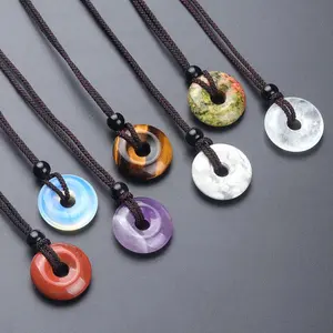 20mm Circle Donut Healing Crystals Necklace Natural Chakra Gemstone Stone Amulet Lucky Coin Donuts Charm Protection Quartz Agate