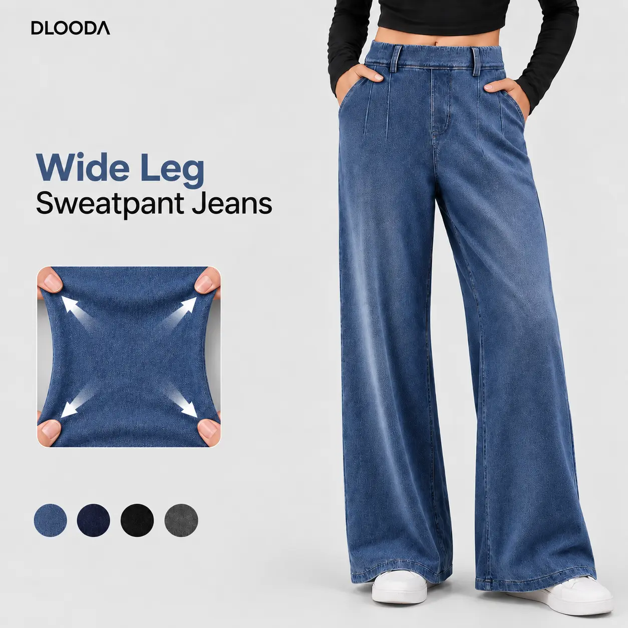 DLOODA Women's Pull-on Wide Leg Jeans - Womenswear Bottom, Flattering for All Body Shapes, Comfortable Everyday Wear