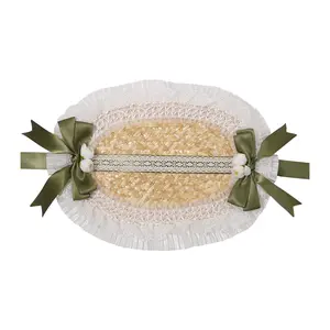 Women’s Lolita Lace Bonnet Hat with Bow & Flower, Woven Cottagecore Victorian/Pioneer Style Headpiece, Ribbon Tie Tea Party Costume Sun Hat Accessory (One Size)