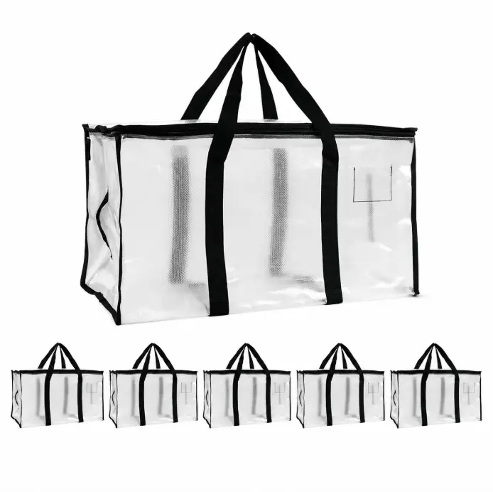 6 Pack Extra Large Clear Moving Bags, Heavy Duty Storage Totes with Reinforced Handles & Zipper, Foldable See-Through Packing Bags for Clothes, Bedding, Blankets, College Dorm, Closet, Travel & Home Organization
