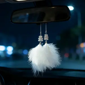Elegant Feather Car Pendant, Sparkling Rhinestone Heart Rearview Mirror Charm, Soft Feathers Decor, Girlie Style Car Interior, Women's Exclusive Car Accessory