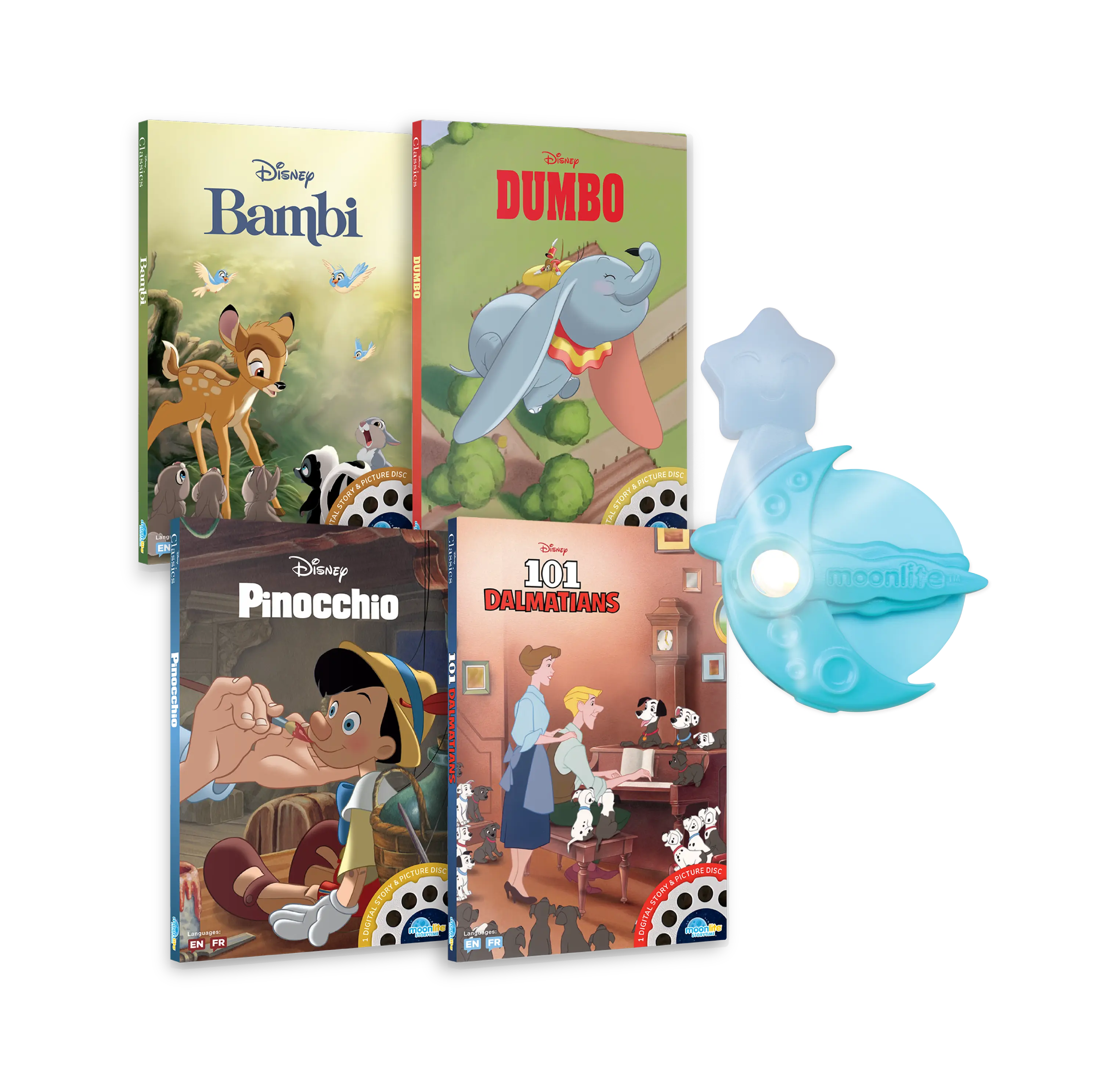 Disney Classics 4-Story Starter Pack with Projector - Children's Storytime Kit for Caregivers, Big Bright Storybook Images, Playful Sounds, Ambient Music for Magical Bonding Experience (Moonlite Compatible)