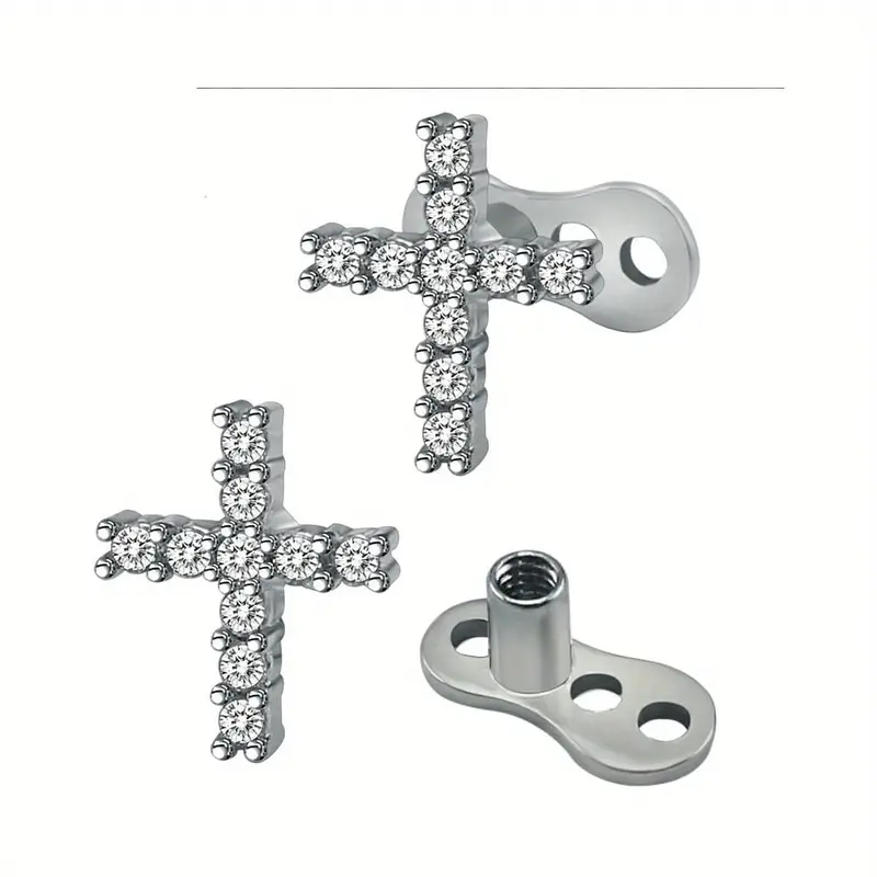 2pcs 14G Cross Dermal Anchor Tops and Base Stainless Steel Cubic Synthetic Zircon ​   Internally Threaded Microdermals Body Piercings Studs Dermal Piercings Surface Skin Piercing Body Jewelry for Women Men
