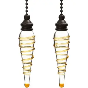 Ceiling Fan Pull Chains Ornaments 12 Inches Yellow Glass Pendant with Bead Pull Chain Connectors Decorative Extension for Ceiling Light Lamp Fan Chain 2 Pcs(Copper)