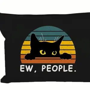 Cat Makeup Bag with "EW, PEOPLE" Design - Black with Sunset Pattern - Perfect for Organizing Your Makeup