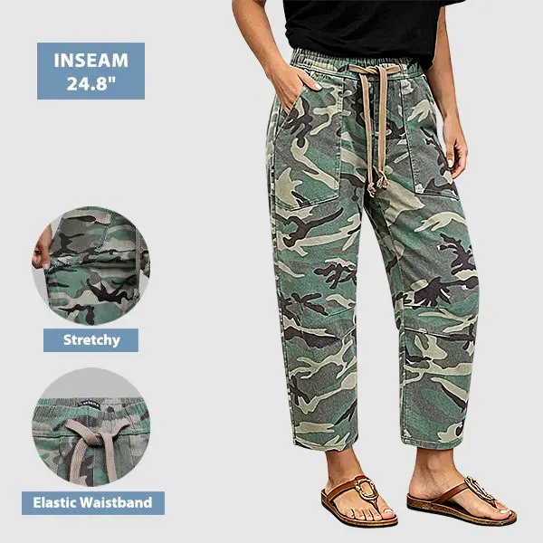 Flamingals Camo Drawstring Mid Waist Barrel Leg Pants Womenswear Flamingals Camo Drawstring Mid Waist Barrel Leg Pants Womenswear