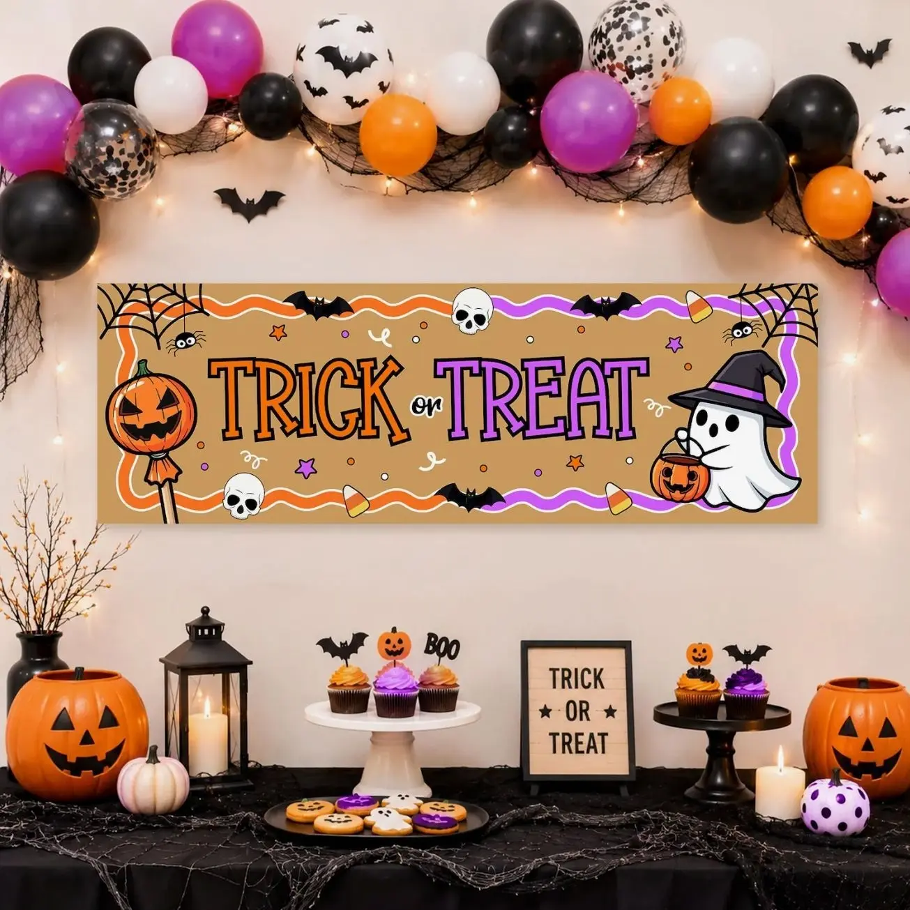 Trick or Treat Halloween Banner, Printable Halloween Party Decor, Halloween Photo Booth Banner, Kraft Paper Banner