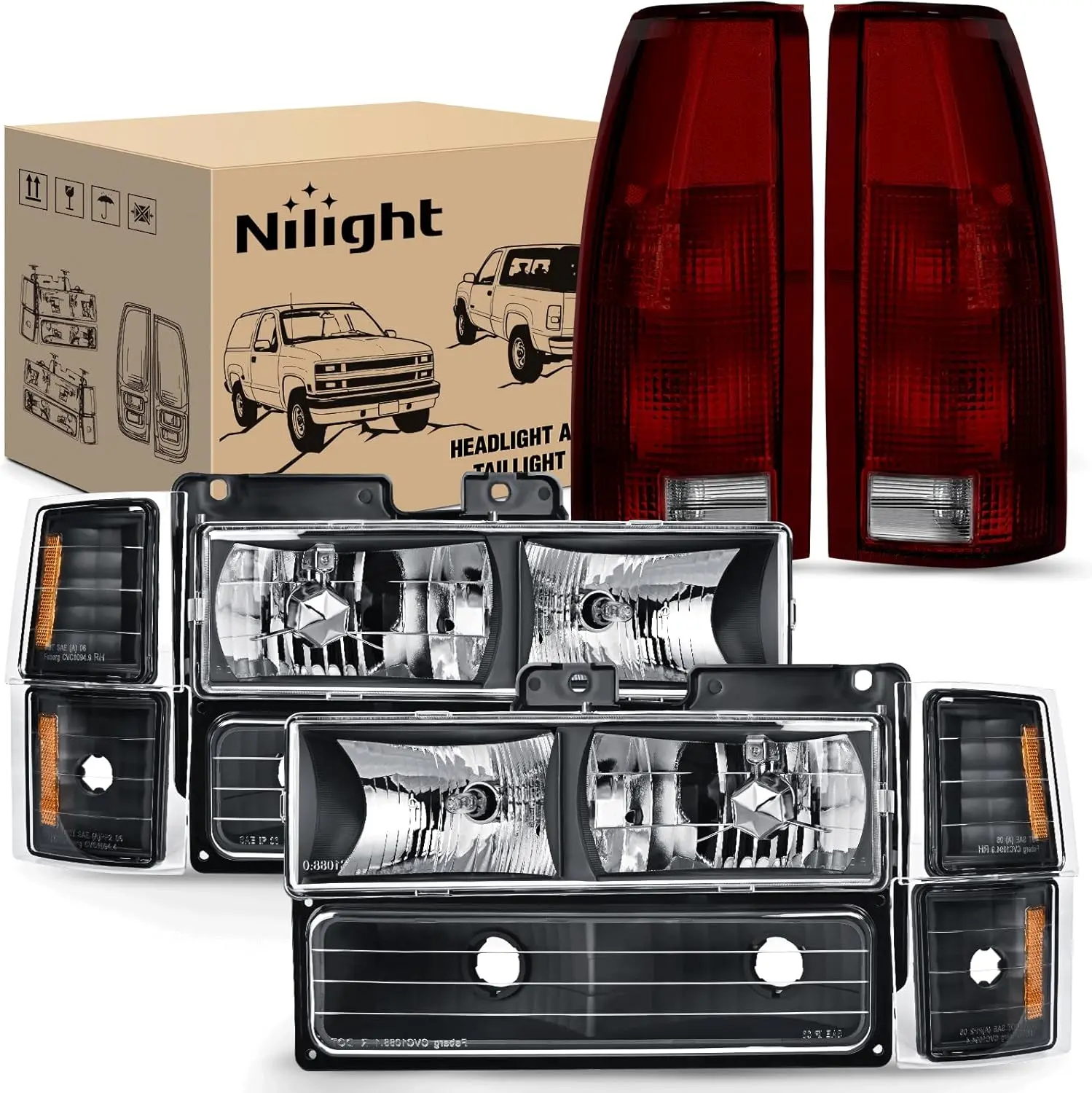 Nilight Headlight and Taillight Assembly Combo Compatible with 1994 1995 1996 1997 1998 Chevy Silverado Tahoe Suburban C10 C/K 1500 2500 3500 Tail Light Black Housing Amber Reflector Bumper Lamp Truck Car, Parts