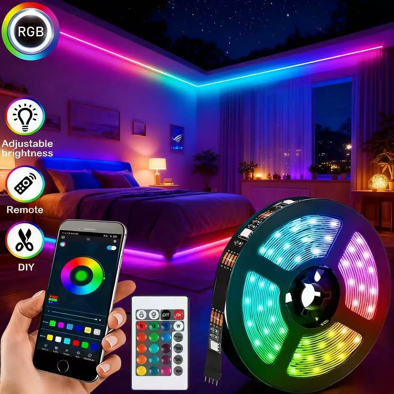 Lqhzmyy RGB LED Strip Light, Led Lighted, Adjustable Brightness Led, USB Powered Remote & Bluetooth-compatible Control, Self-Adhesive Backing, Ideal for Bedroom TV Background Lighting, LED Lights Strips