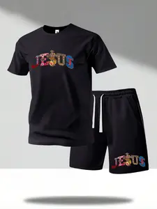 Men’s summer regular-fit two-piece set: cotton short-sleeve T-shirt with cross pattern and letter print, paired with cotton shorts featuring a pocketed elastic waistband with drawstring. Fashionable casual outfit for going out—ideal for running, golf, fis