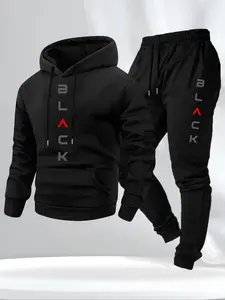 Men's Fall Winter Hoodie Pants Set, Letter Print Design, Fleece Lined, Drawstring Waist, Comfortable Fabric, Outdoor Sports & Casual Wear, Sweat Suits, Tracksuit Sets