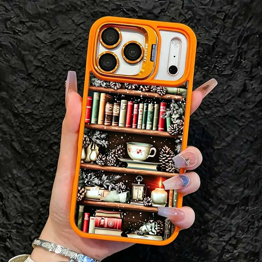 TPU Shockproof Transparent Phone Case with Orange Lens Bracket, Vintage Christmas Bookshelf-Books-Teacup-Candle Print, Fashion Versatile Protective Cover for Multiple iPhones (17 Pro Max,16,16 Plus,15,14,13,12), Ideal Holiday Gift
