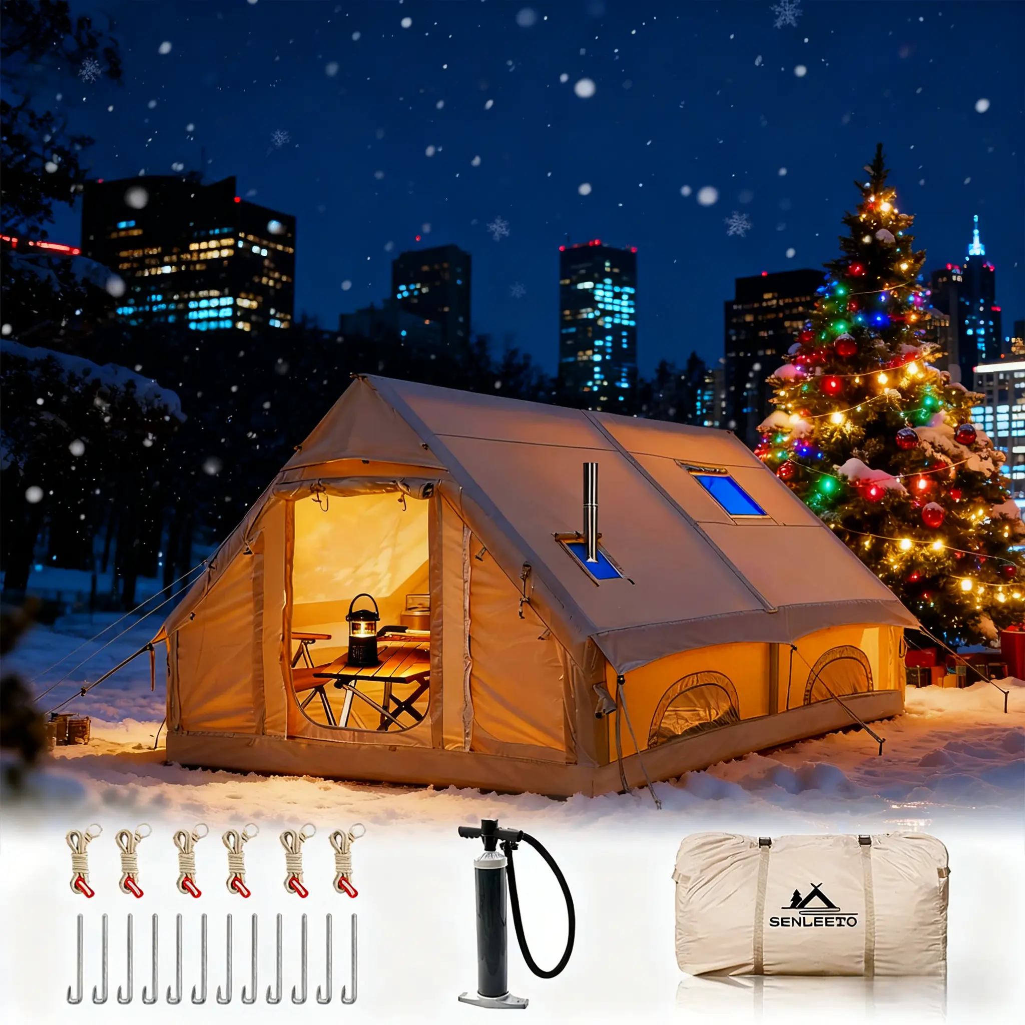 Senleetoo Inflatable Camping Tent - Instant 12-Person 4-Season Windproof Portable Outdoor Shelter, Waterproof Oxford Family Tent for Camping, 5-Min Setup Canopy with Pump & Windbreak Rope, Inflatable Camping Tents, Tents For Camping